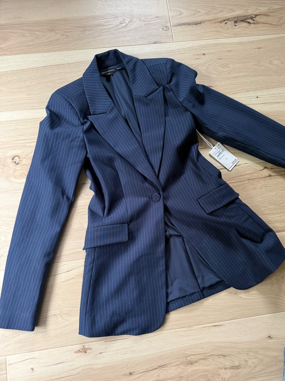 Good American Navy Pinstripe Single-Button Blazer